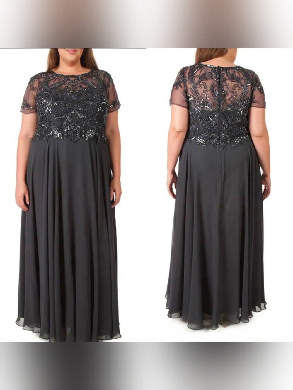 XSCAPE Women's Plus Size 20W Gray Beaded Chiffon Short Sleeve Formal Gown